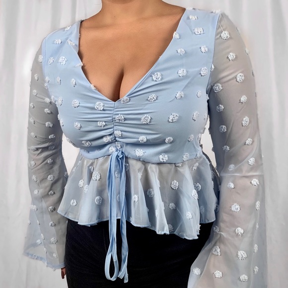 BUNNY BOUTIQUE - Blue Blouse - NWT - Bell Sleeves Ruffle Hem and Polka Dot Print - Picture 1 of 3